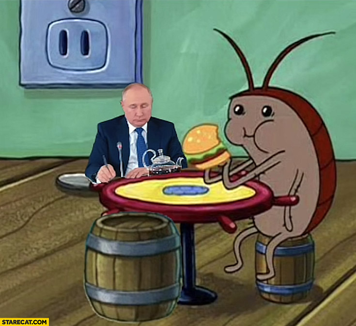 Putin Spongebob sitting with cartoon animal eating a hamburger