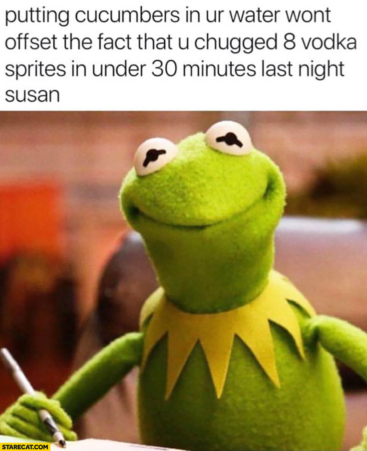 Outting cucumbers in your water won’t offset the fact that you chugged 8 vodka sprites in under 30 minutes last night Susan Kermit the frog