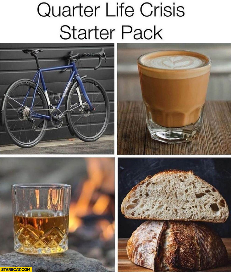 Quarter life crisis starter pack: road bike, fancy coffee latte, whisky, handmade bread