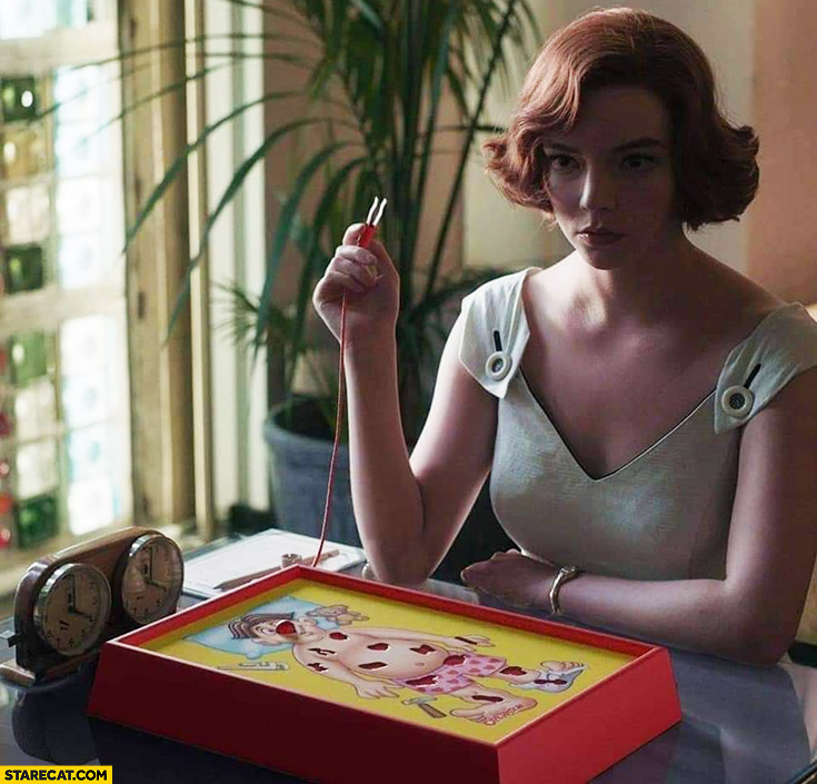 Queen’s gambit playing operation instead of chess photoshopped meme Elizabeth Harmon
