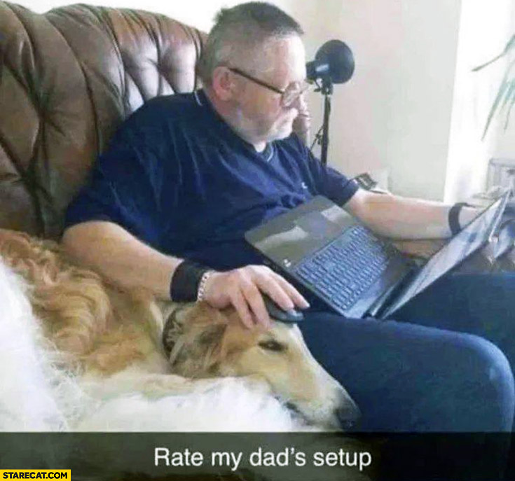 Rate my dads setup computer mouse on dogs head