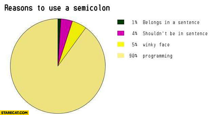 Reasons to use a semicolon: shouldn’t be in sentence, winky face, programming
