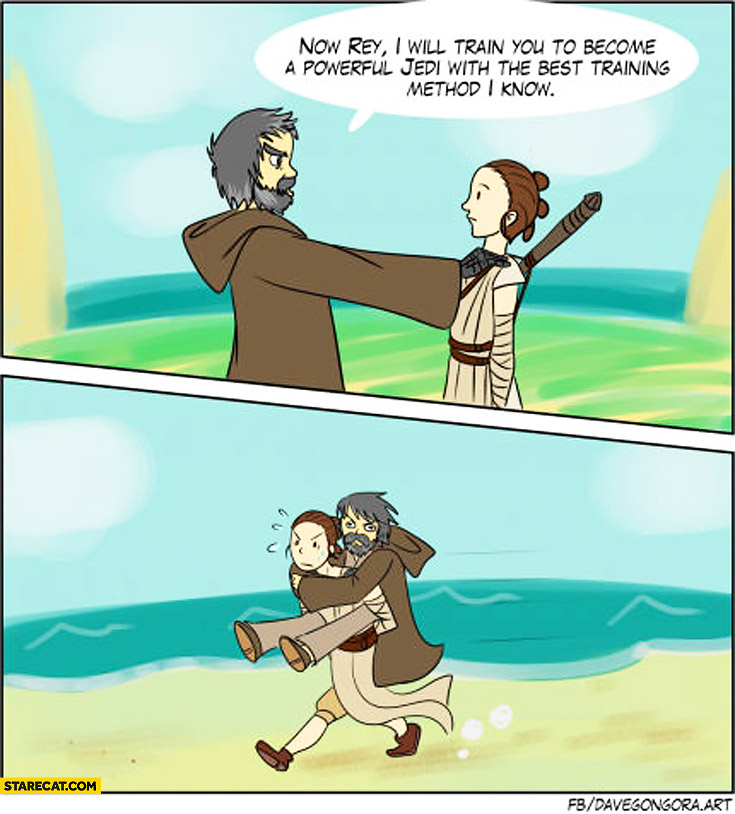 Rey I will train you to become a powerful jedi Luke Skywalker running with Luke one her back like Yoda