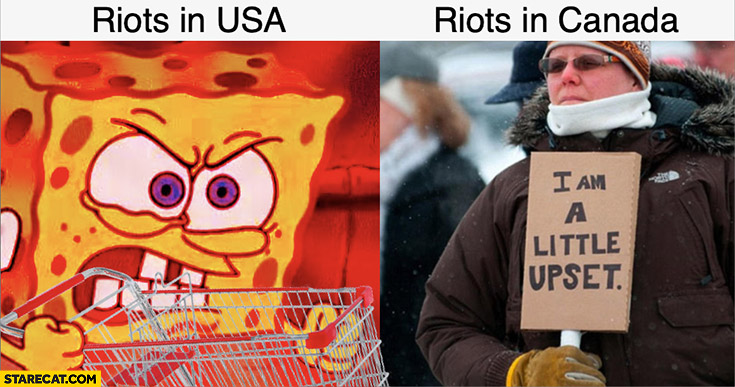 Riots in US: shop looting vs riots in Canada: I am a little upset sign Spongebob