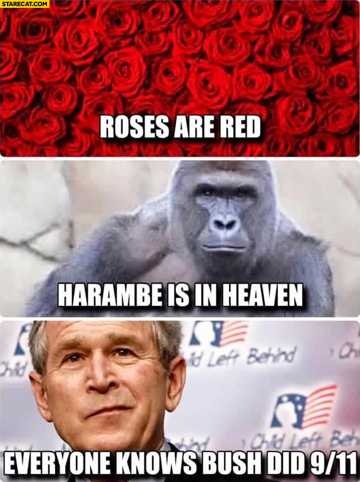 Roses are red, Harambe is in heaven, everyone knows Bush did nine eleven 9/11