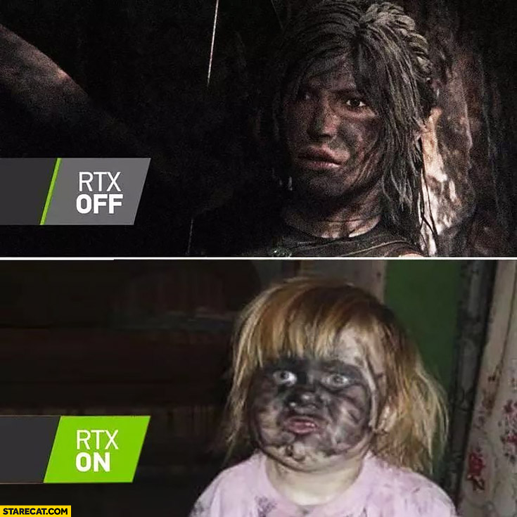 RTX off vs RTX on comparison girl with a dirty face