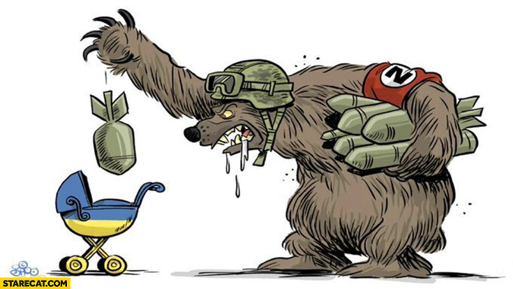 Russia bear dropping bombs at Ukrainian stroller illustration
