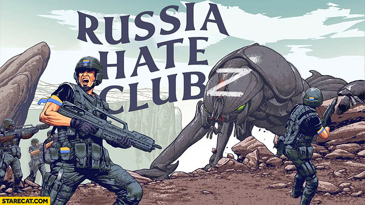 Russia hate club illustration Ukrainian soldiers fighting insects illustration