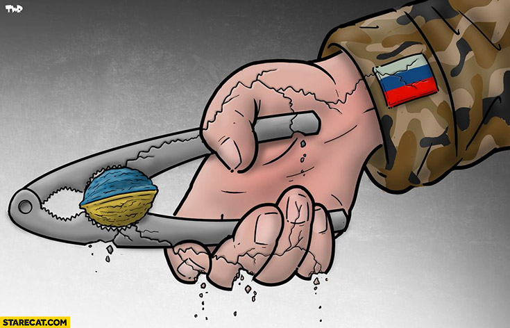 Russia trying to crack nut ukraine using nutcracker hand is cracking