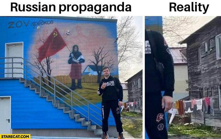 Russian propaganda wall mural vs reality wooden house