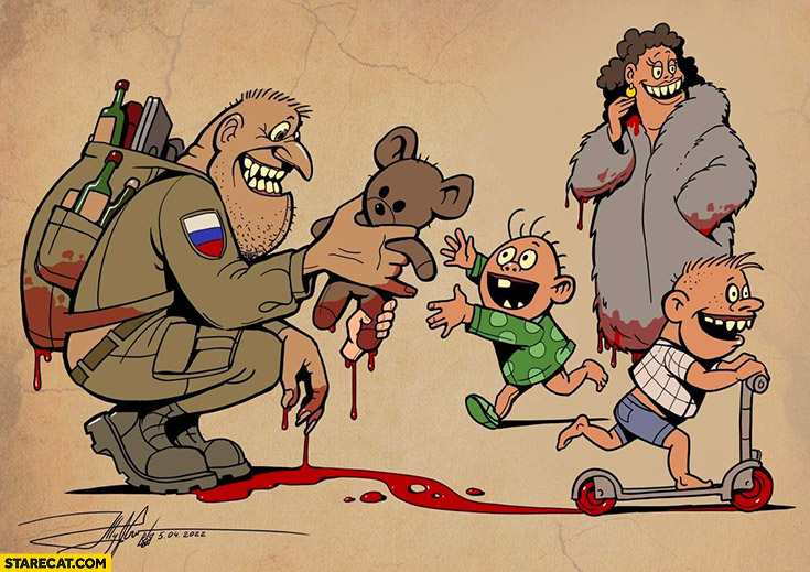 Russian soldier coming back home stolen teddy bear in blood illustration