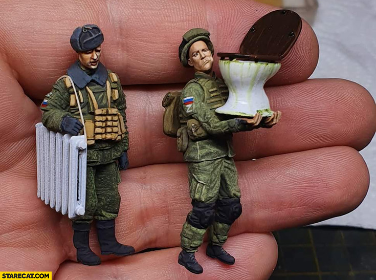 Russian soldiers stealing toilet radiator figurines