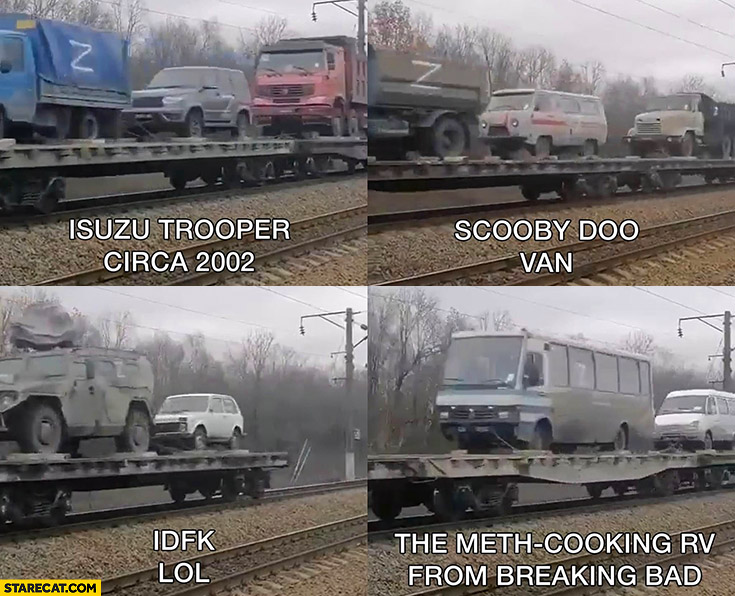 Russian war cars Isuzu Trooper, Scooby-Doo van, Lada Niva, meth cooking RV from Breaking Bad