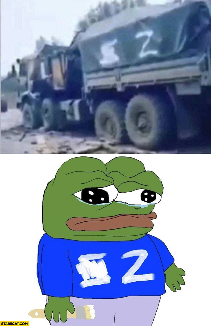 Russian Z symbol painted wrong way sad Pepe the prog special military operation