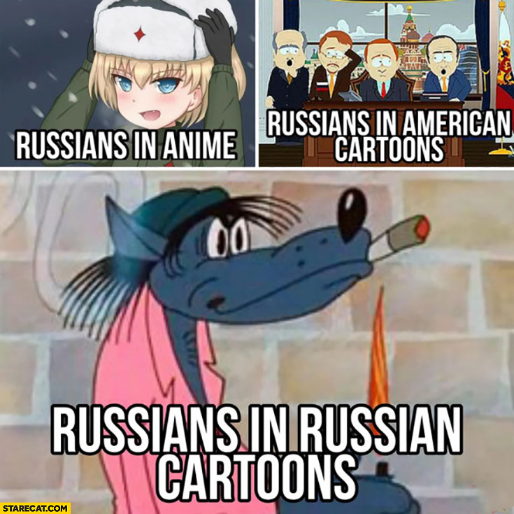 Russians in anime vs in American cartoons vs in Russian cartoons wolf with a cigarette