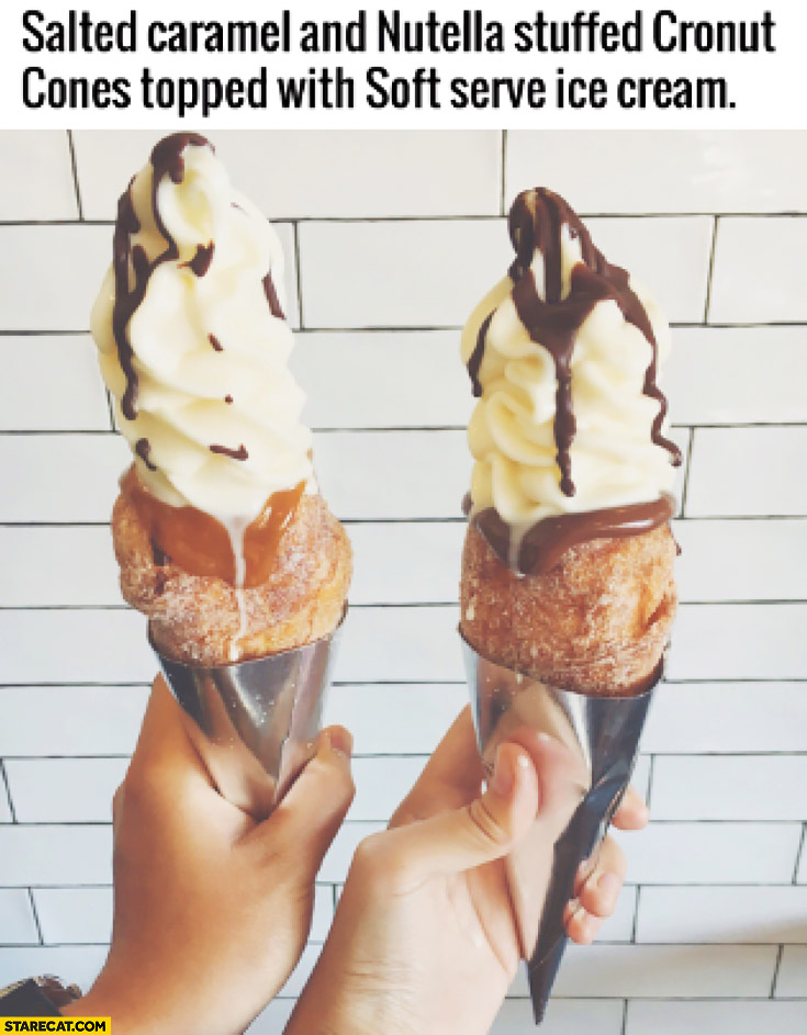 Salted caramel and Nutella stuffed cronut cones topped with soft serve ice cream
