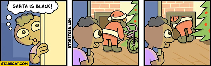 Santa is back black Santa stealing bike bicycle comic strip