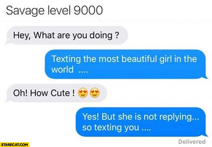 Savage level 9000. What are you doing? Texting the most beautiful girl in the world, but she’s not replying so texting you