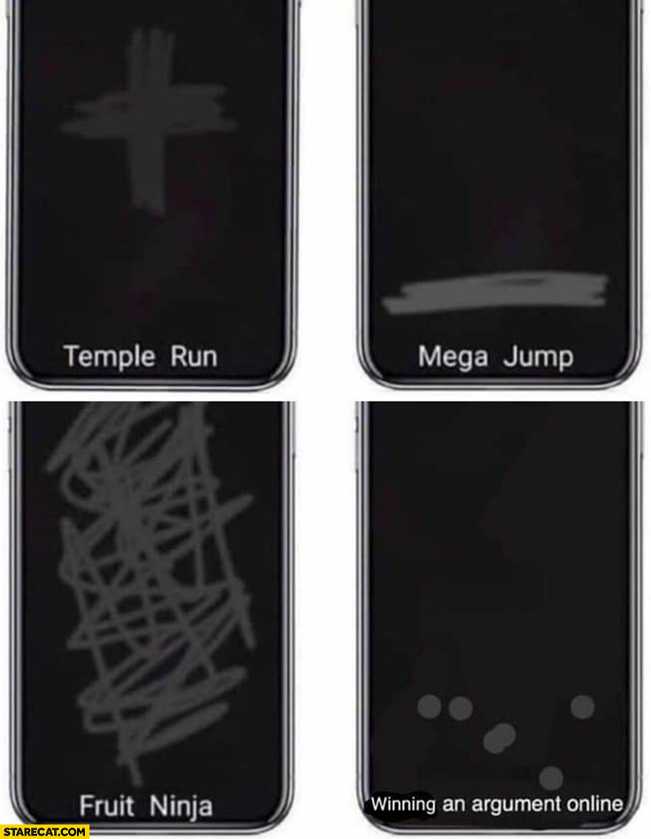 Screen finger marks: temple run, mega jump, fruit ninja, winning an argument online comparison