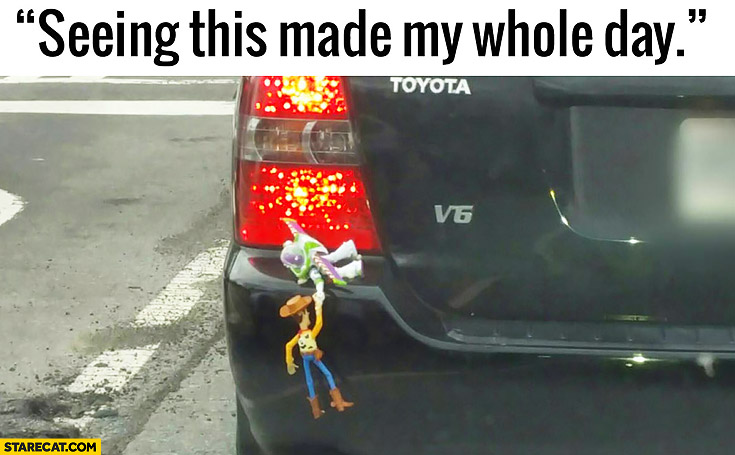 Seeing this made my whole day: Toy Story scene on car’s rear bumper