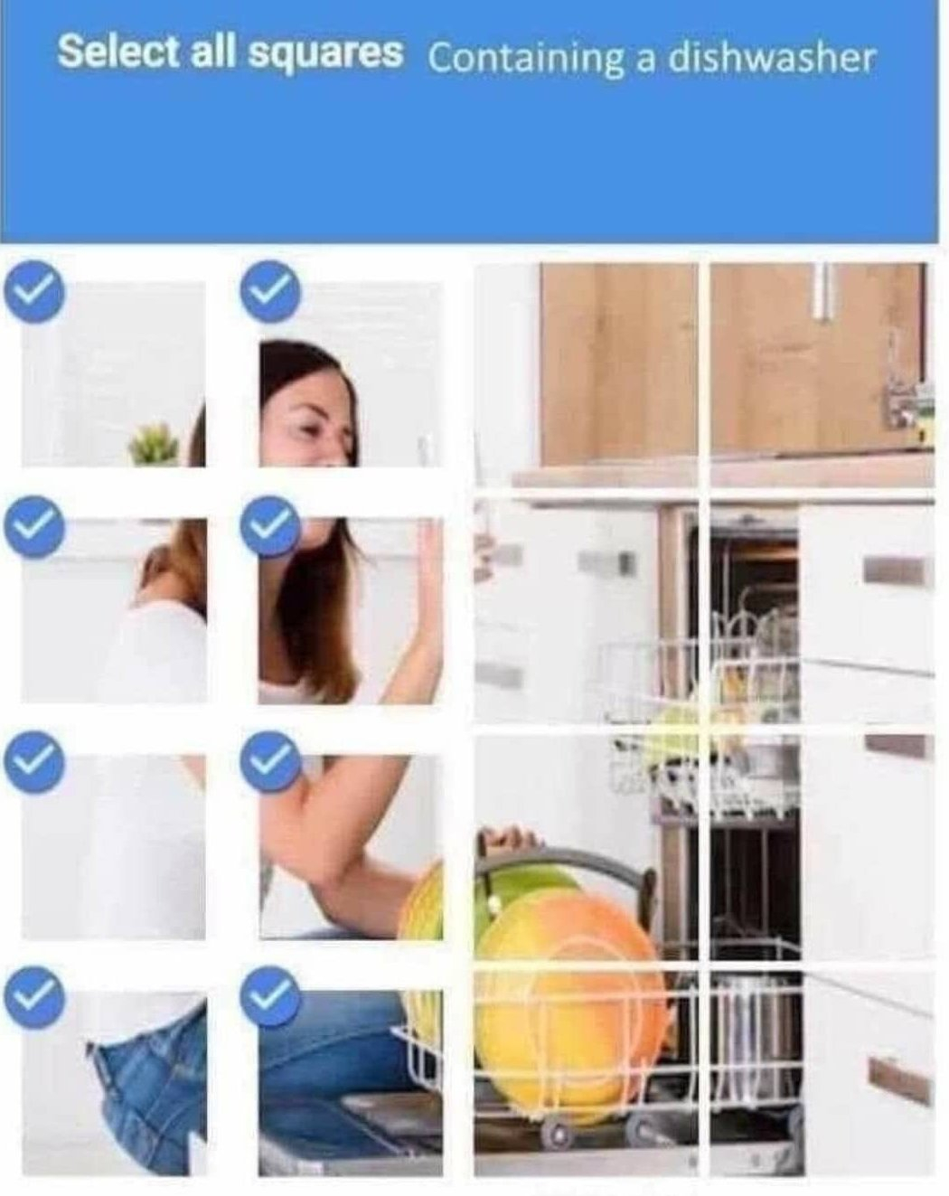 Select all squares containing a dishwasher woman