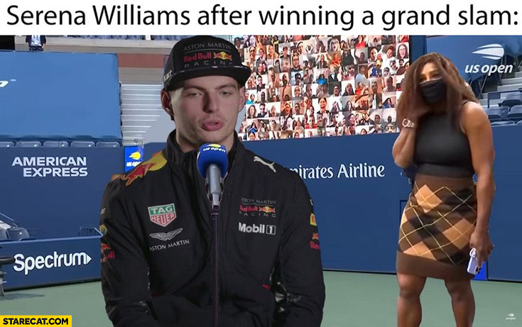 Serena Williams after winning a grand slam Max Verstappen talking giving speech