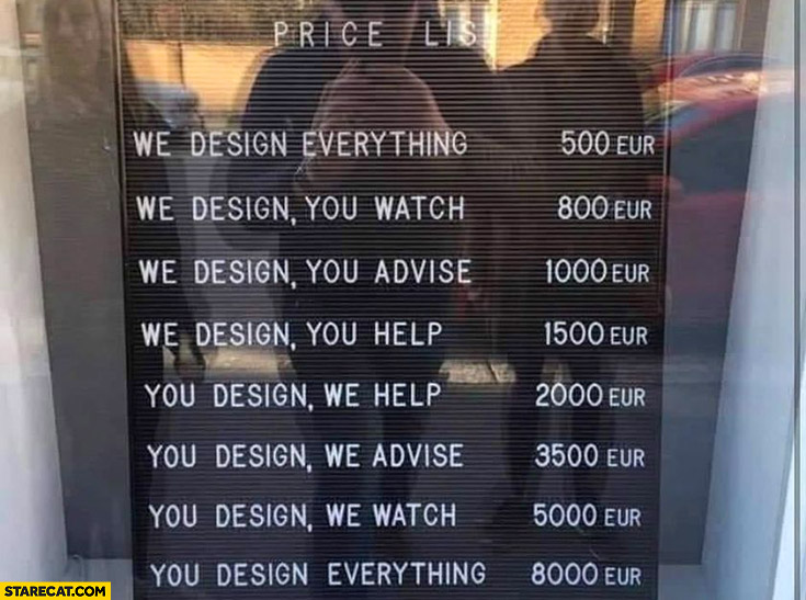 Service price list we design vs you design price goes up