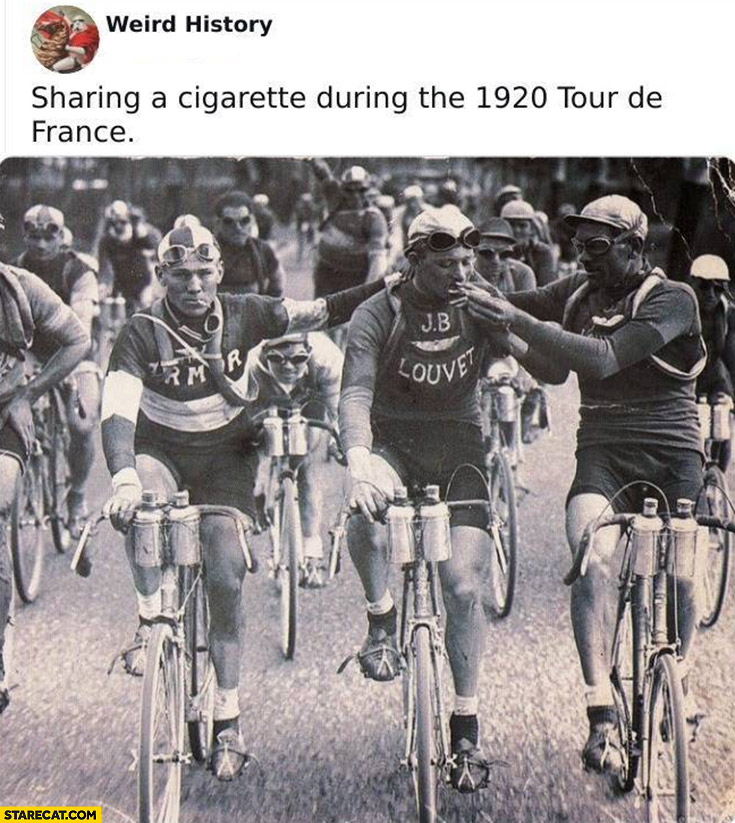 Sharing a cigarette during the 1920 tour de France cyclists