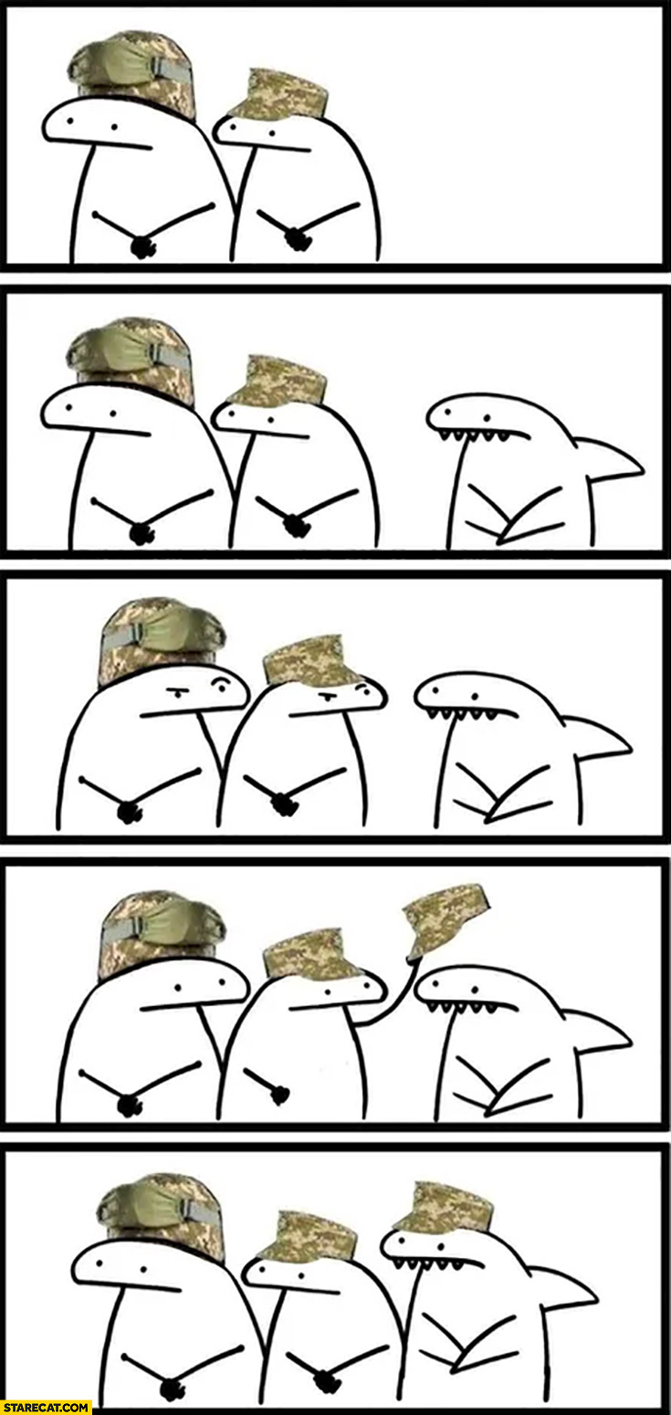 Shark joins Ukrainian army soldiers give him cap hat comic