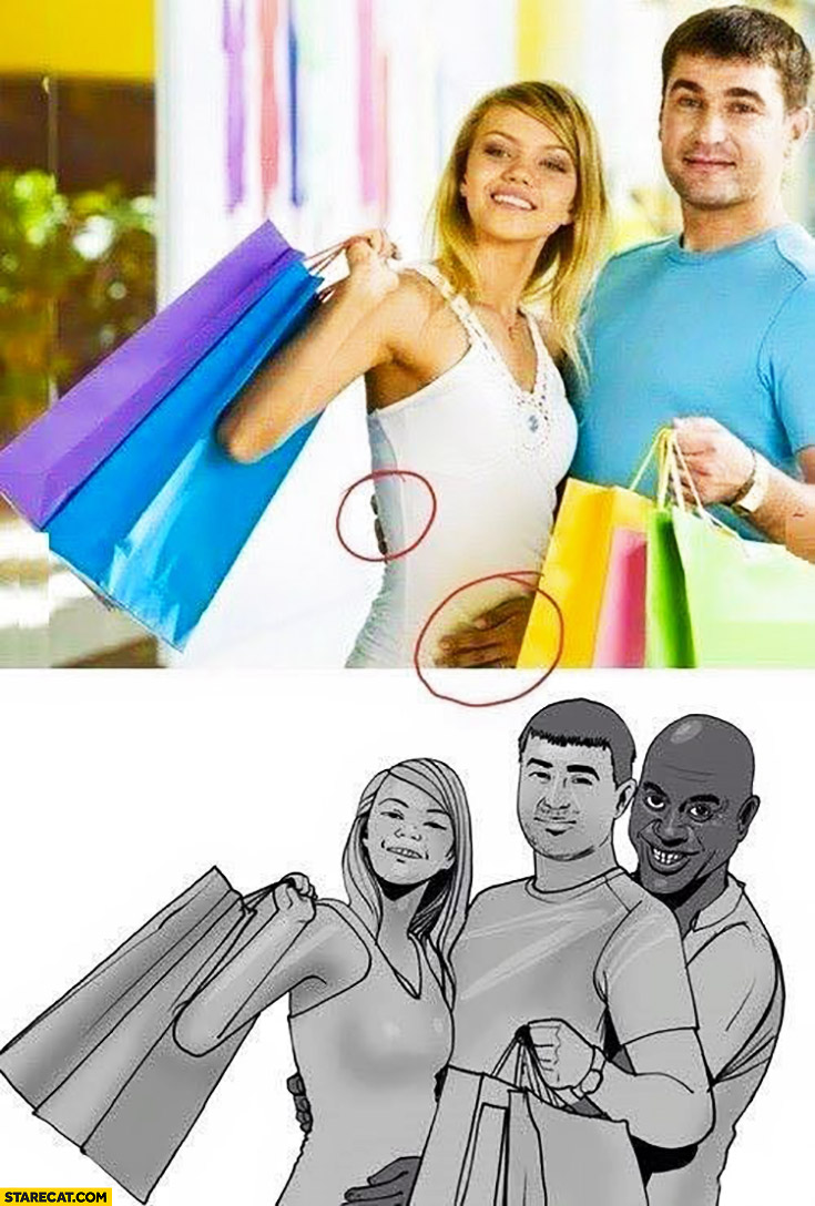 Shopping photo third hand photoshop fail black man holding couple