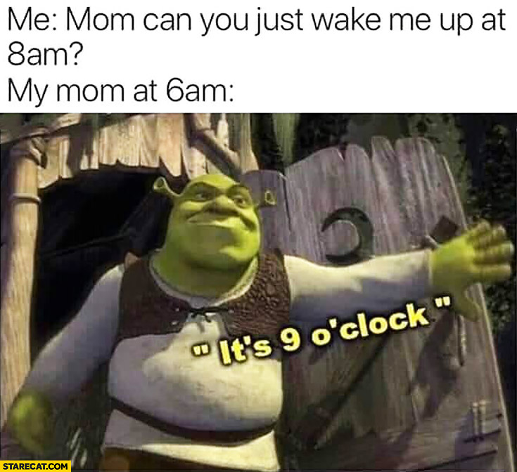 Shrek Me: mom can you just wake me up at 8 am? My mom at 6 am: it’s 9 o clock