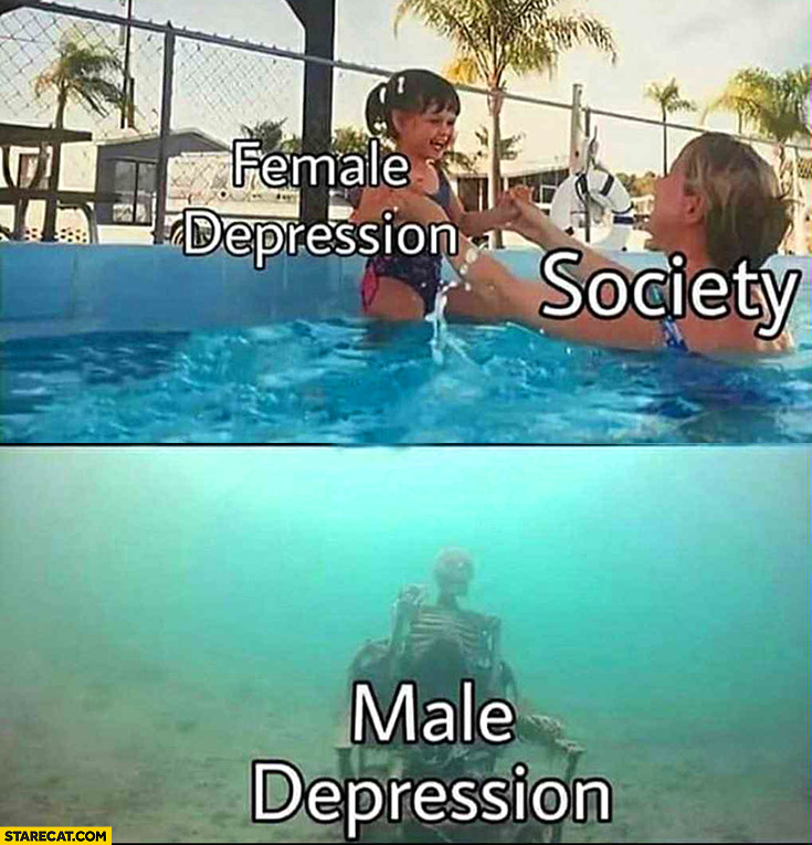 Society caring about female depression while male depression skeleton deep under water