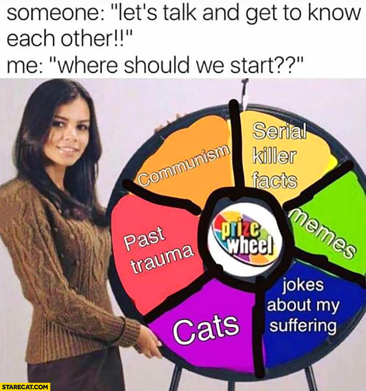 Someone: let’s talk and get to know each other, me where should we start? Prize wheel of fortune: cats, memes, past trauma, communism, serial killer facts, jokes about suffering