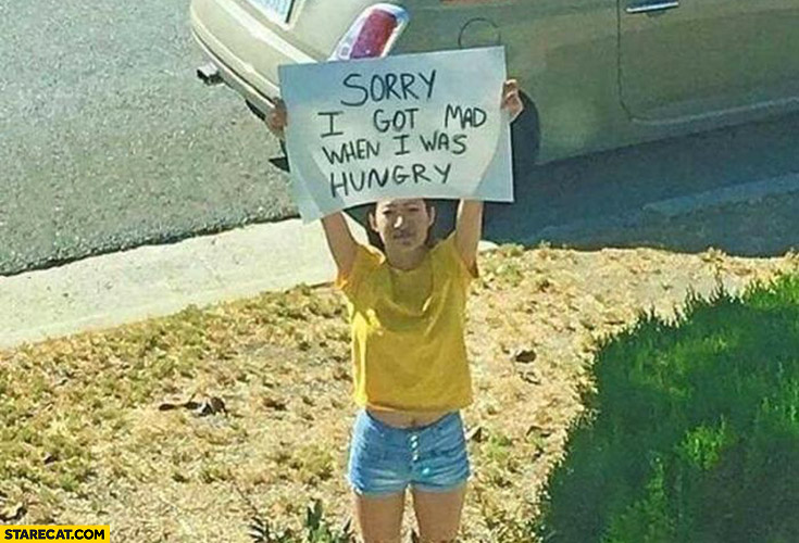 Sorry I got mad when I was hungry girl with a sign