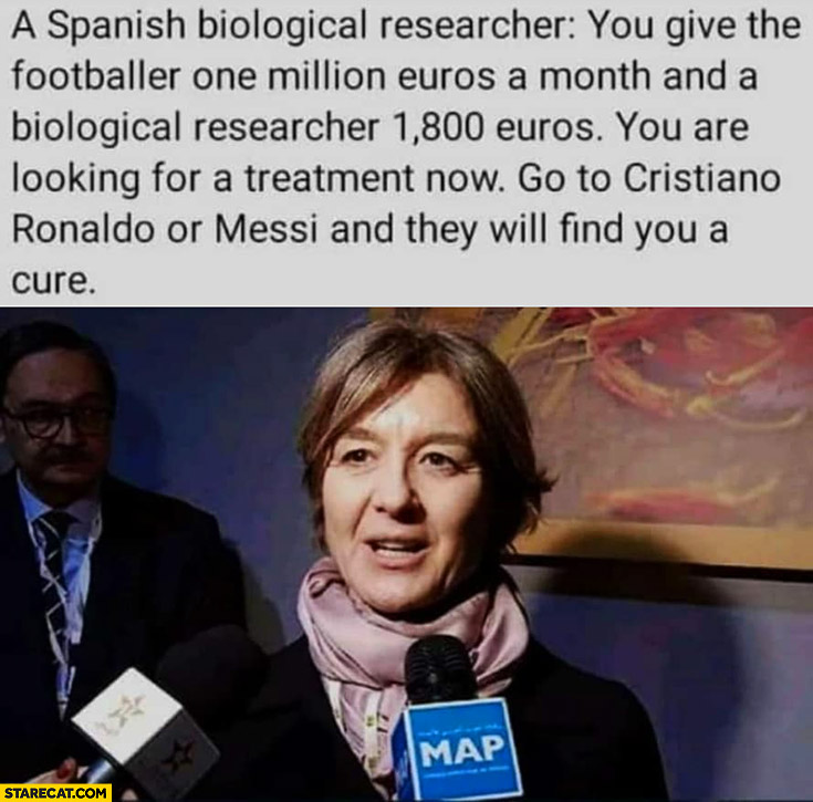 Spanish biological researcher: you give footballer one million euros and researcher 1800 euros go to Ronaldo or Messi for cure