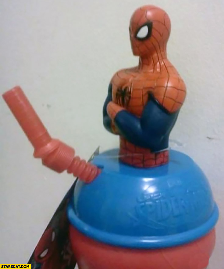 Spiderman cup with straw sticking out. It ain’t gonna suck itself