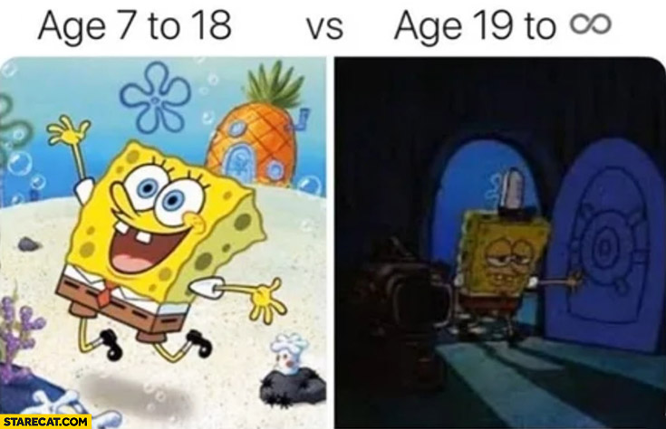 Spongebob age 7 to 18 happy age 19 to infinity sad