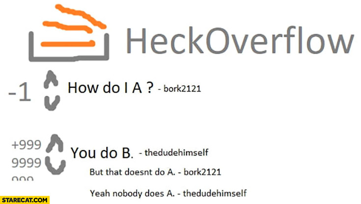 Stackoverflow question how do I do A? You do B, but that doesn’t do A, yeah nobody does A