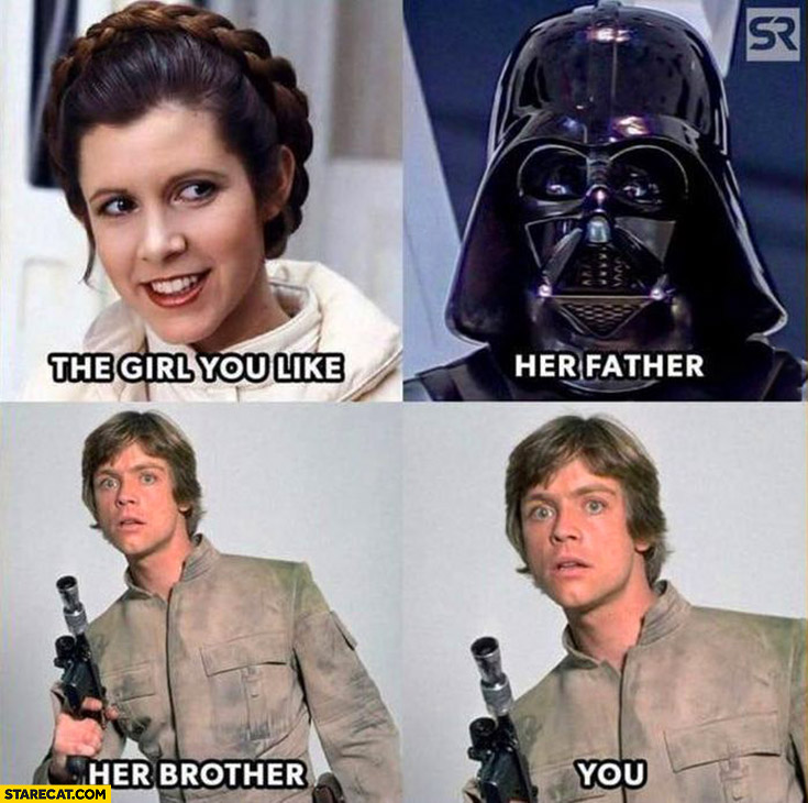 Star Wars the girl you like Leia, her father Vader, her brother you Luke Skywalker