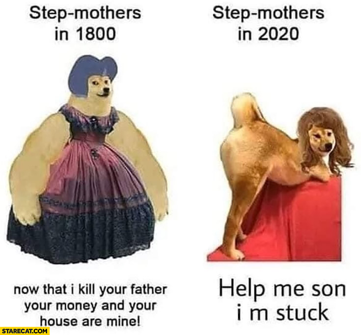 Step mothers in 1800 vs in 2020 dog doge now that I kill your father your money and house is mine vs help me son I’m stuck