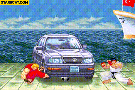 Street Fighter Ken Ryu trying to get the soccer ball football from under the car animation