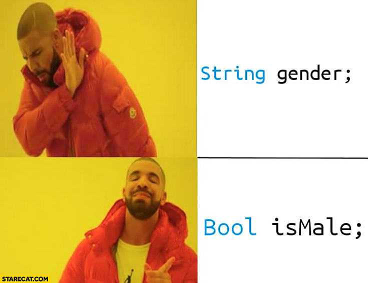 String gender nope, prefers bool ismale Drake programming