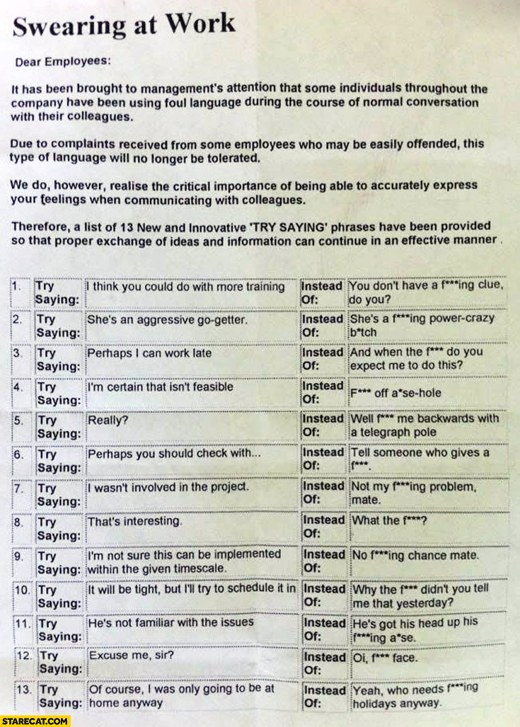 Swearing at work manual instead of try saying
