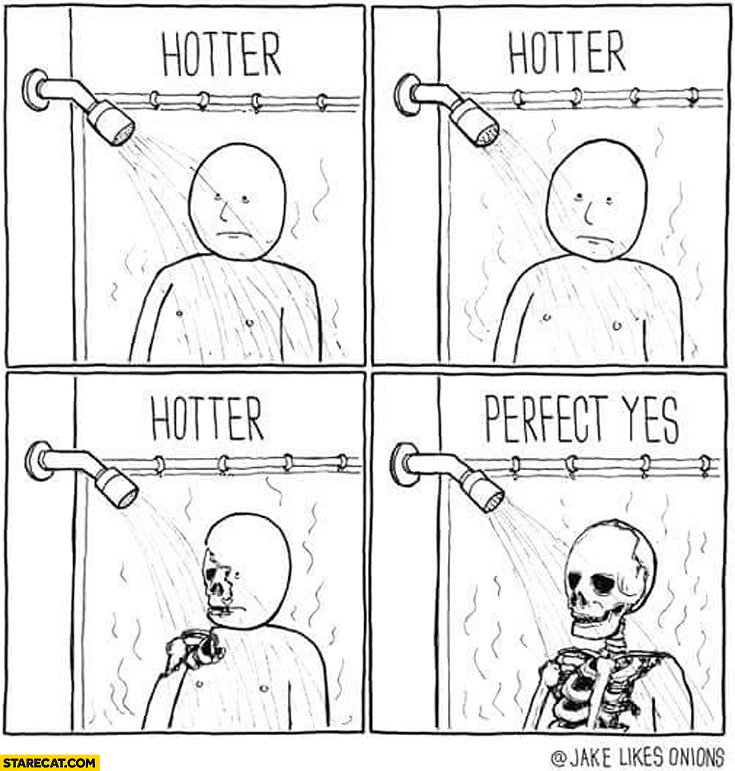 Taking a shower – hotter, hotter, perfect yes skeleton