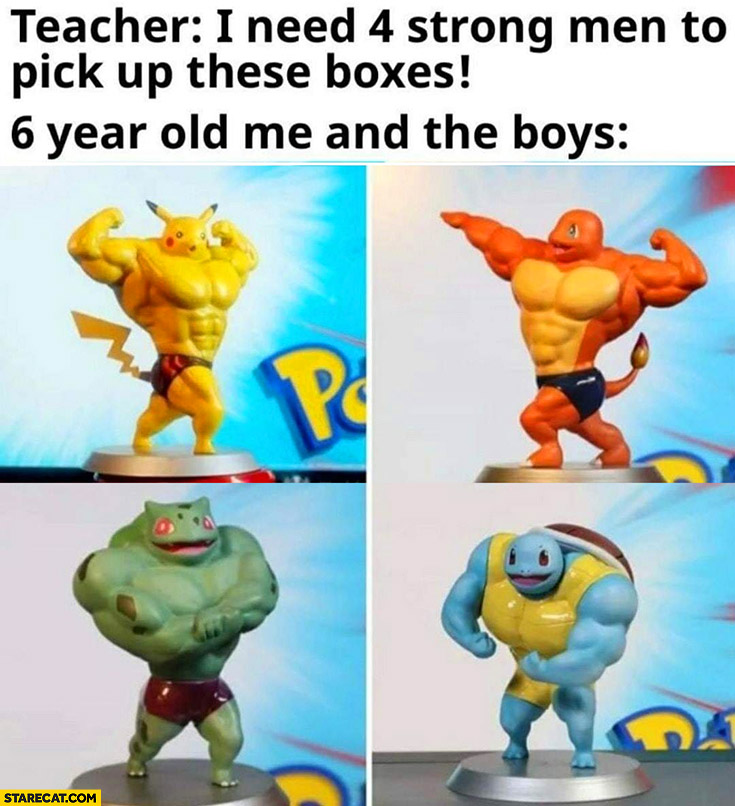 Teacher: I need 4 strong men to pick up these boxes, 6 year old me and the boys Pokemon