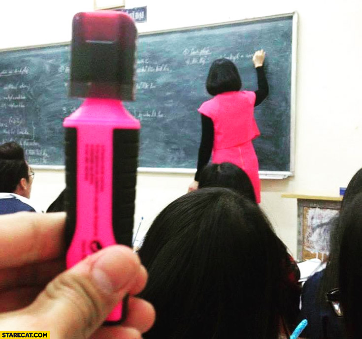 Teacher looking exactly like a pink highlighter