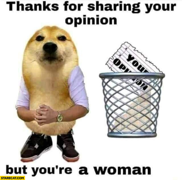 Thanks for sharing your opinion buy you’re a woman your opinion in trash dog doge
