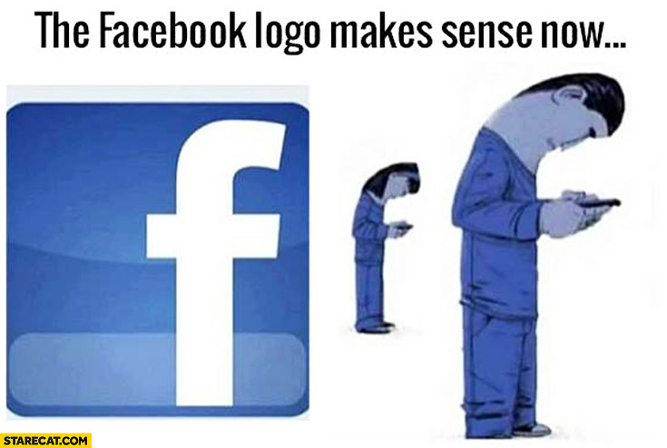 The facebook logo makes sense now man staring at his phone letter f