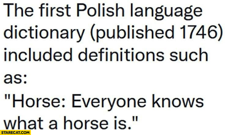 The first Polish language dictionary published in 1746 included definitions such as: horse – everyone knows what a horse is