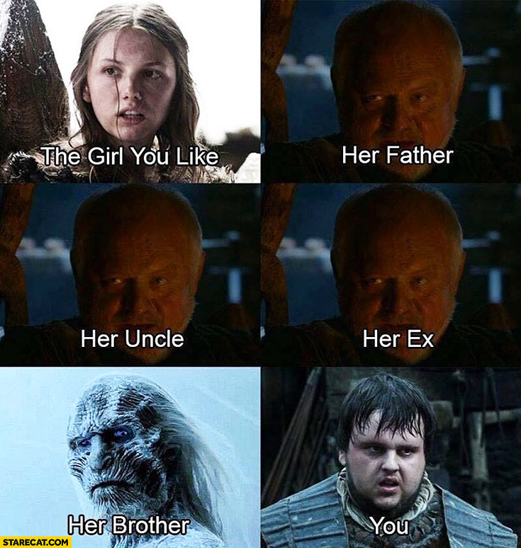 The girl you like, her father, uncle, ex, brother, you. Game of Thrones